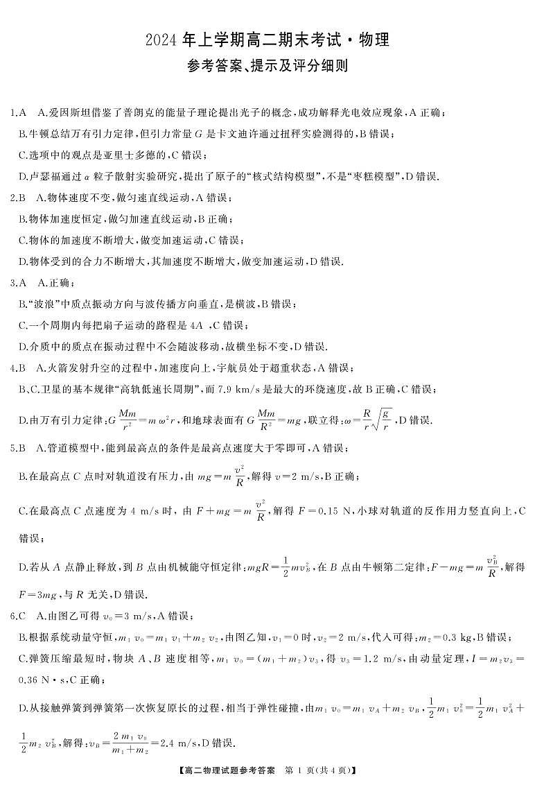 湖南省天壹大联考2023-2024年下学期高二期末联考+物理试卷答案第1页
