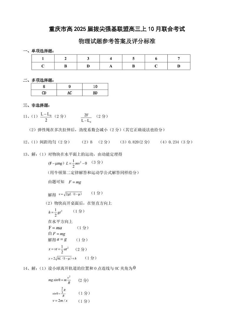 重庆市拔尖强基联盟2024-2025学年高三上学期10月联合考试物理试卷01