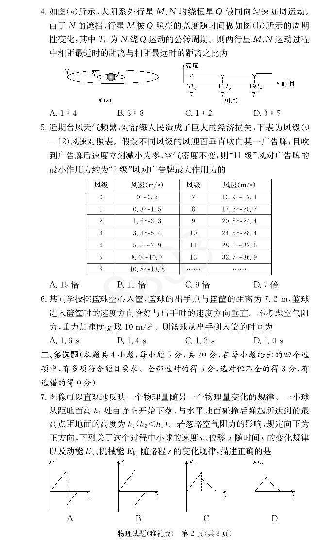 2024雅礼高三第二次月考物理试卷第2页