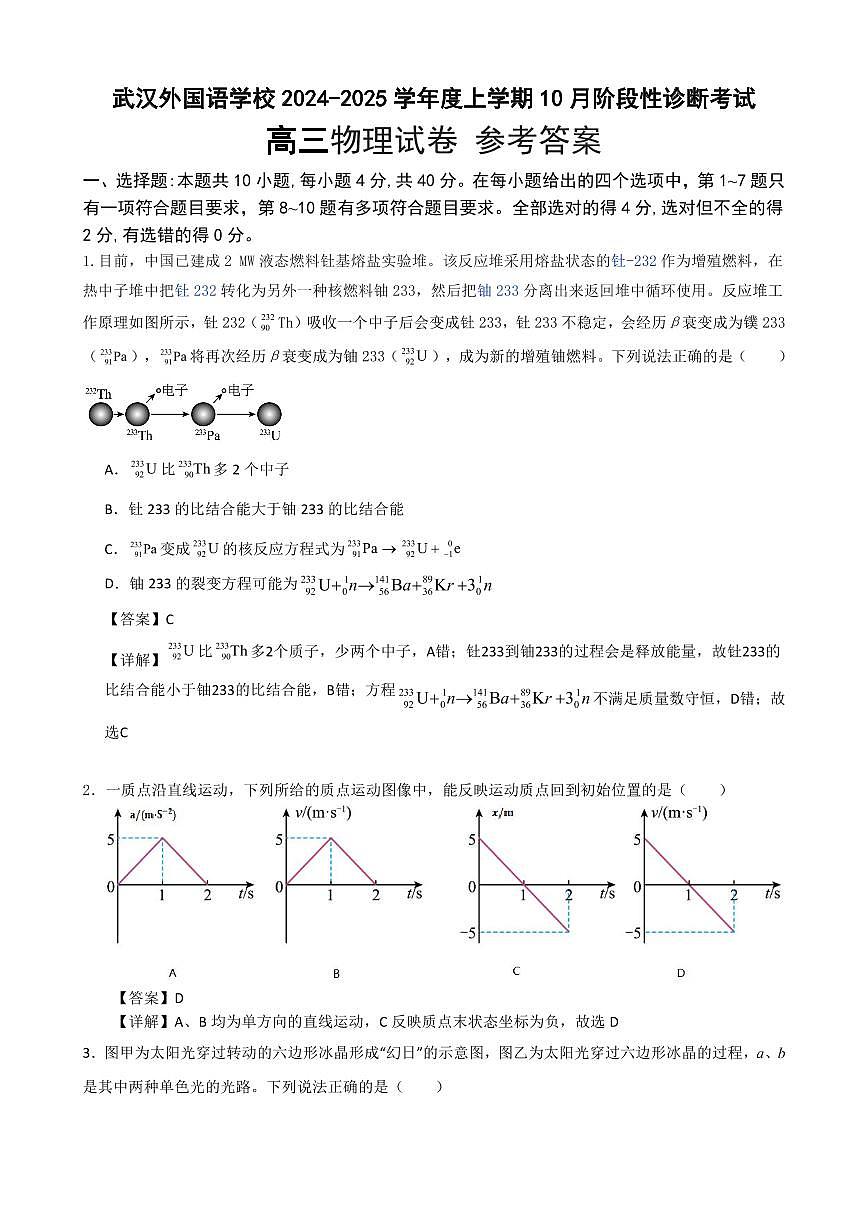 湖北武漢外國語學(xué)校2025屆高三10月檢測(cè)物理答案第1頁