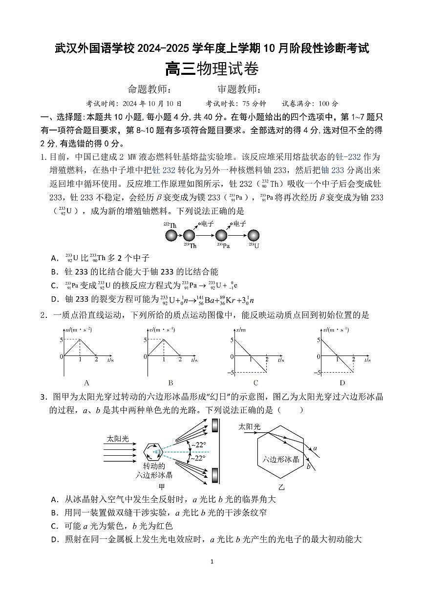湖北武漢外國語學(xué)校2025屆高三10月檢測(cè)物理試題第1頁