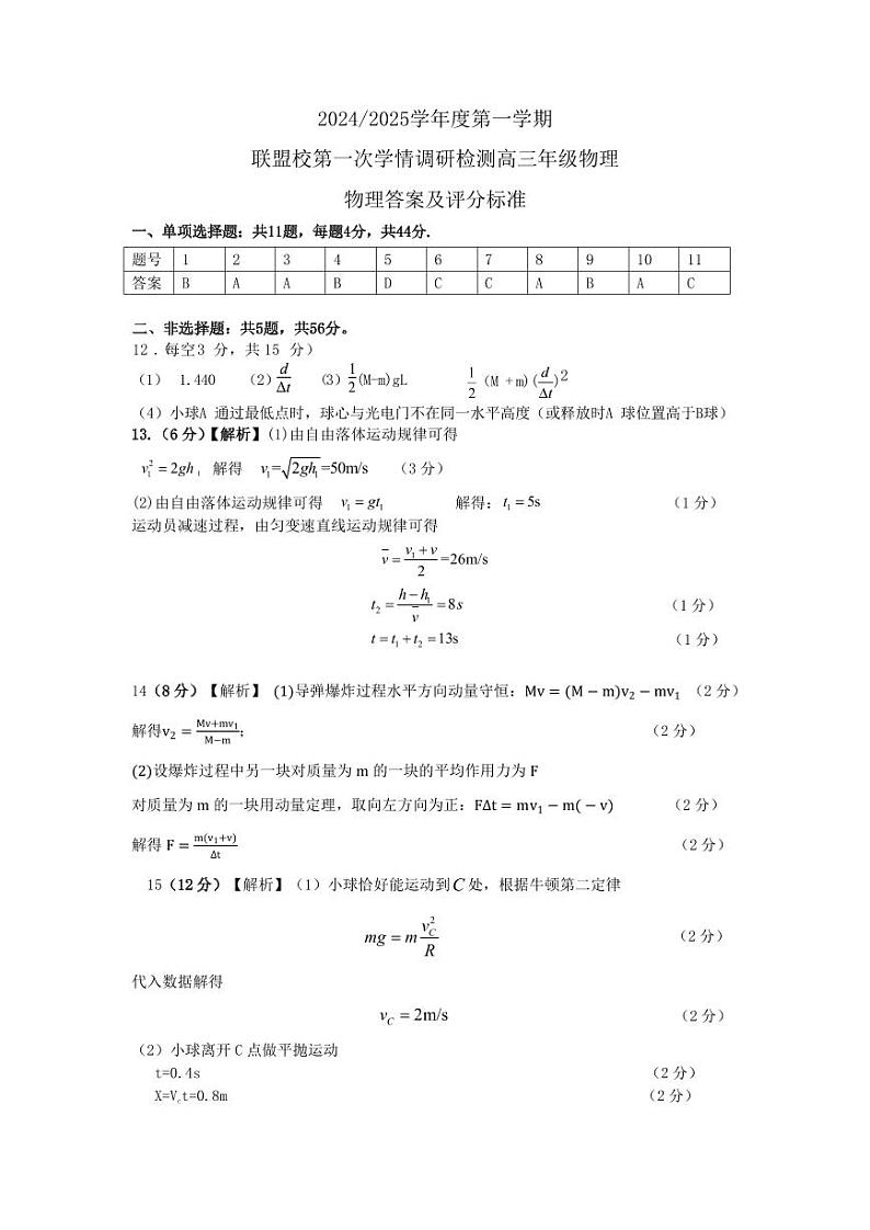 江苏盐城五校联考2025届高三10月月考物理答案第1页