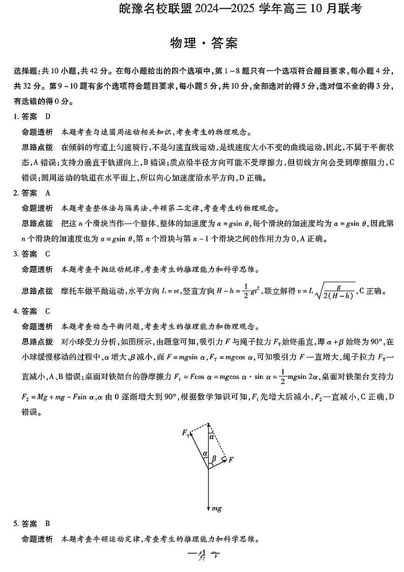 皖豫名校联盟2024-2025学年高三上学期10月月考物理试题(PDF版附解析)01
