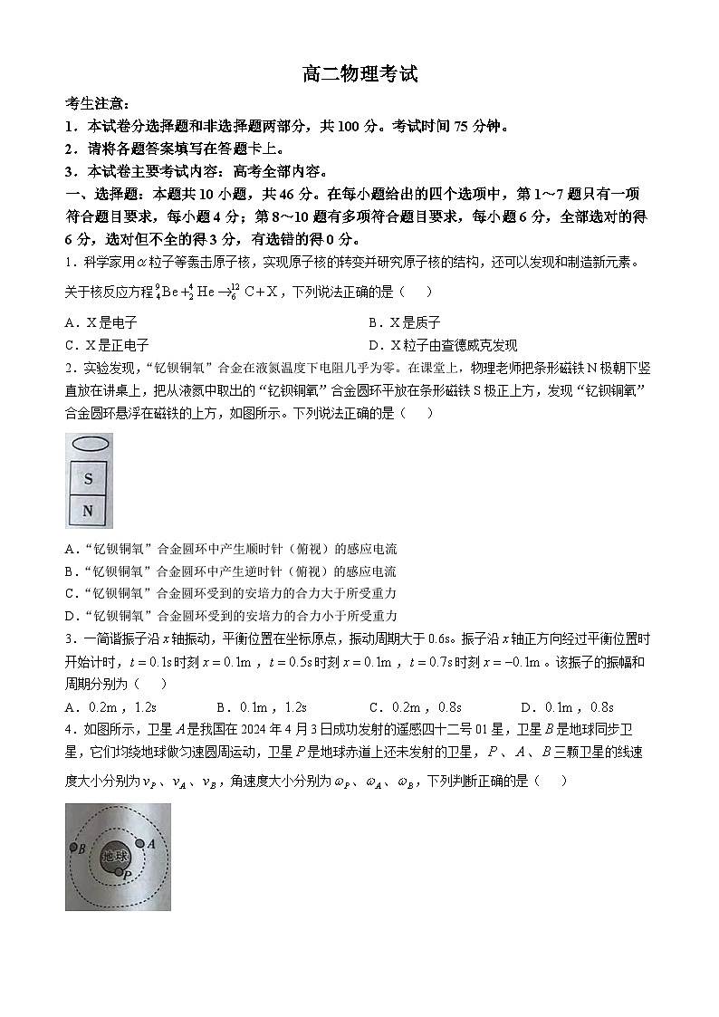 内蒙古部分名校2023-2024学年高二下学期期末考试物理试题01