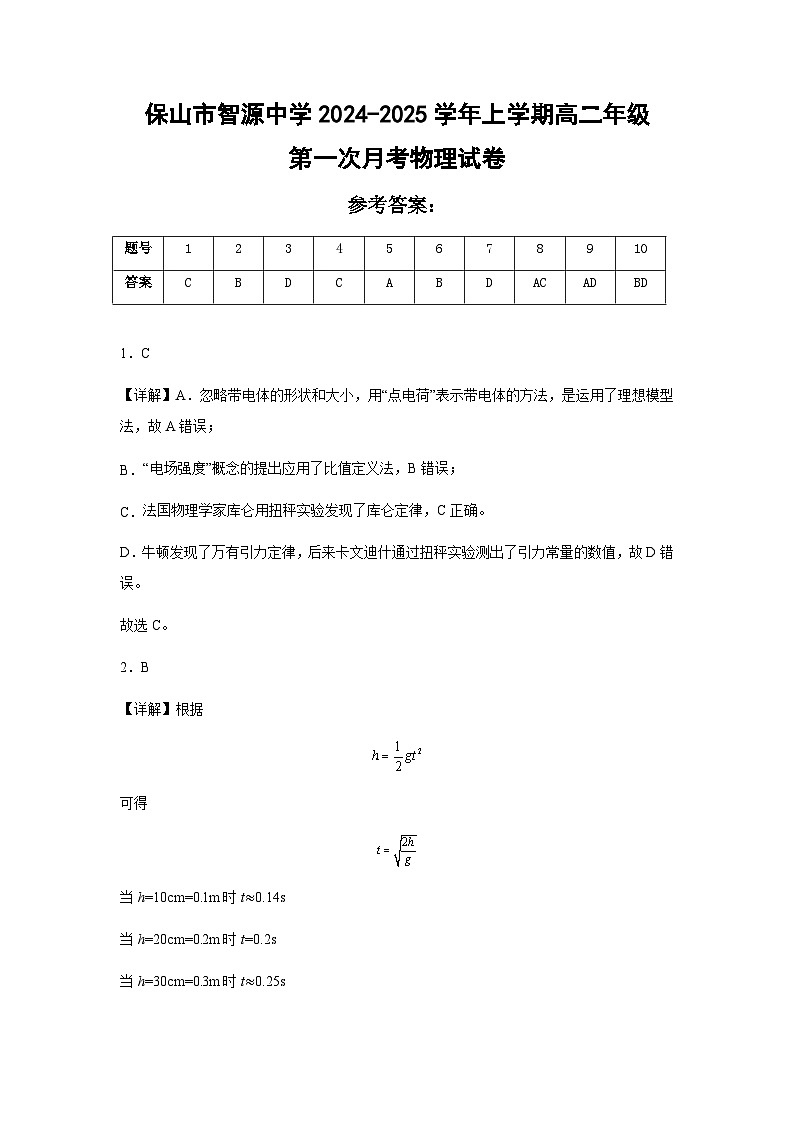 云南省保山市智源高级中学2024-2025学年高二上学期10月月考物理答案第1页