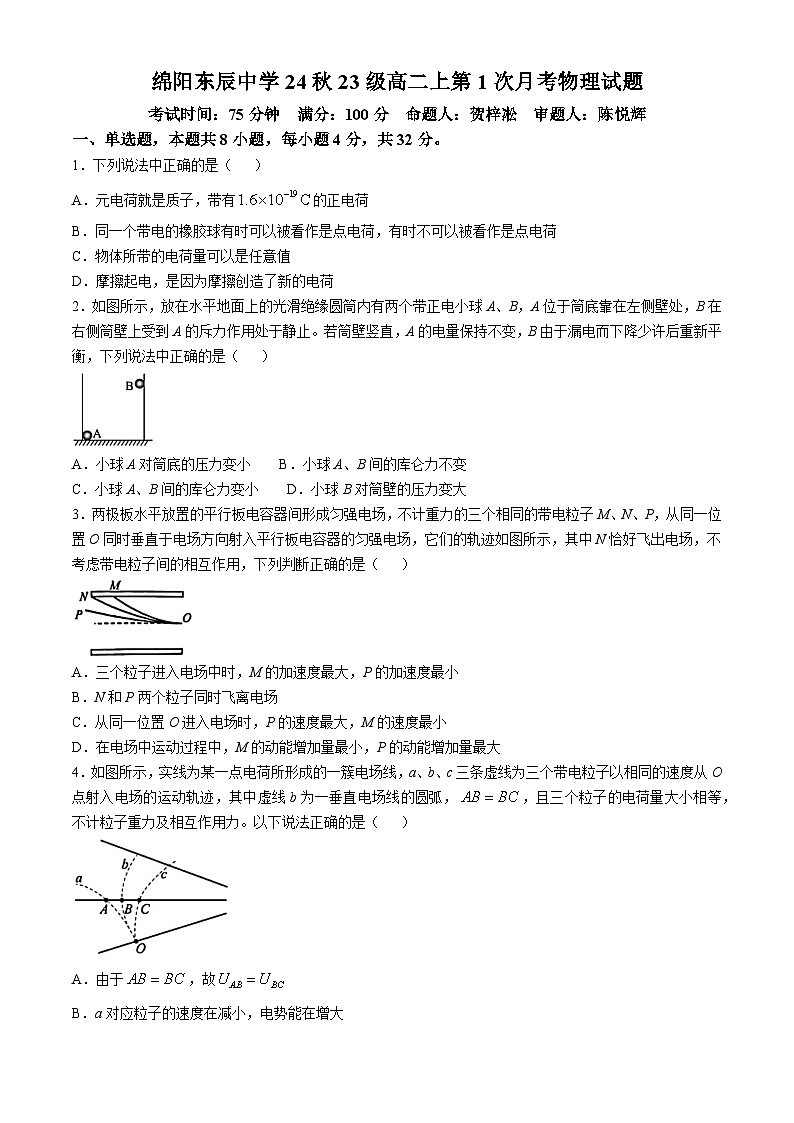 四川省绵阳市绵阳东辰中学2024-2025学年高二上学期第一次月考物理试卷第1页