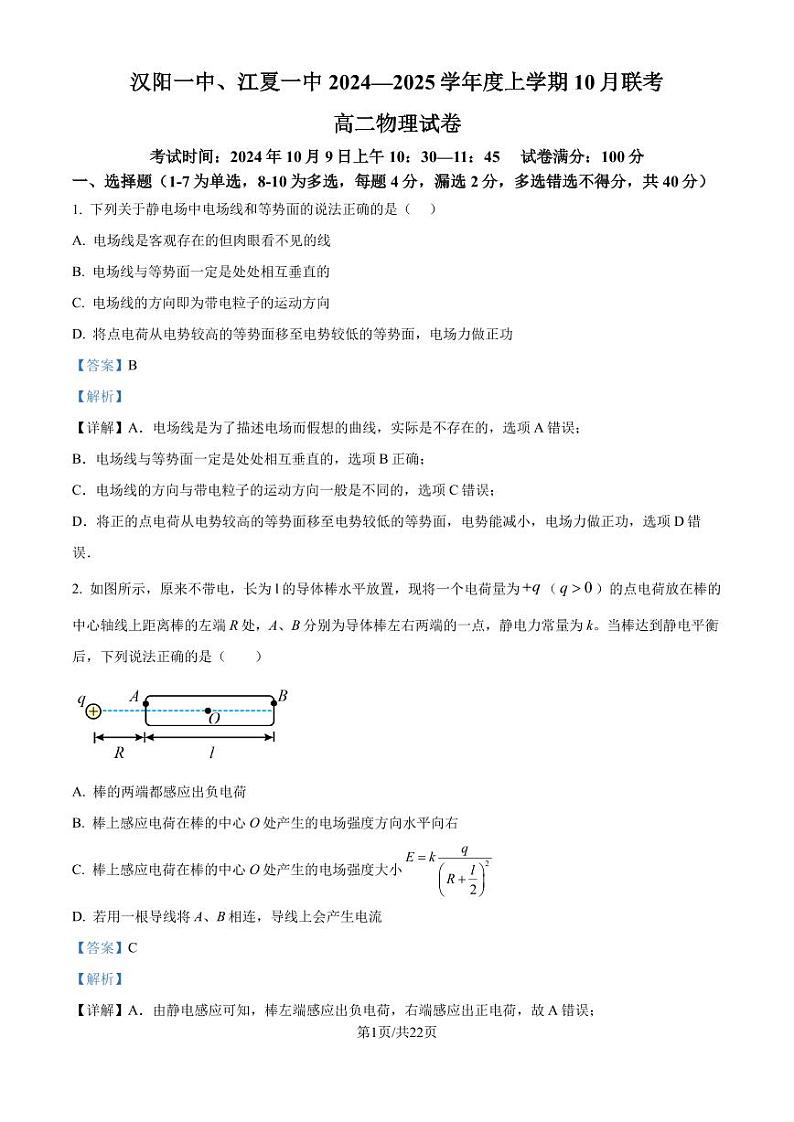 湖北省武汉市2024-2025学年高二上学期10月联考物理试题(解析版)第1页