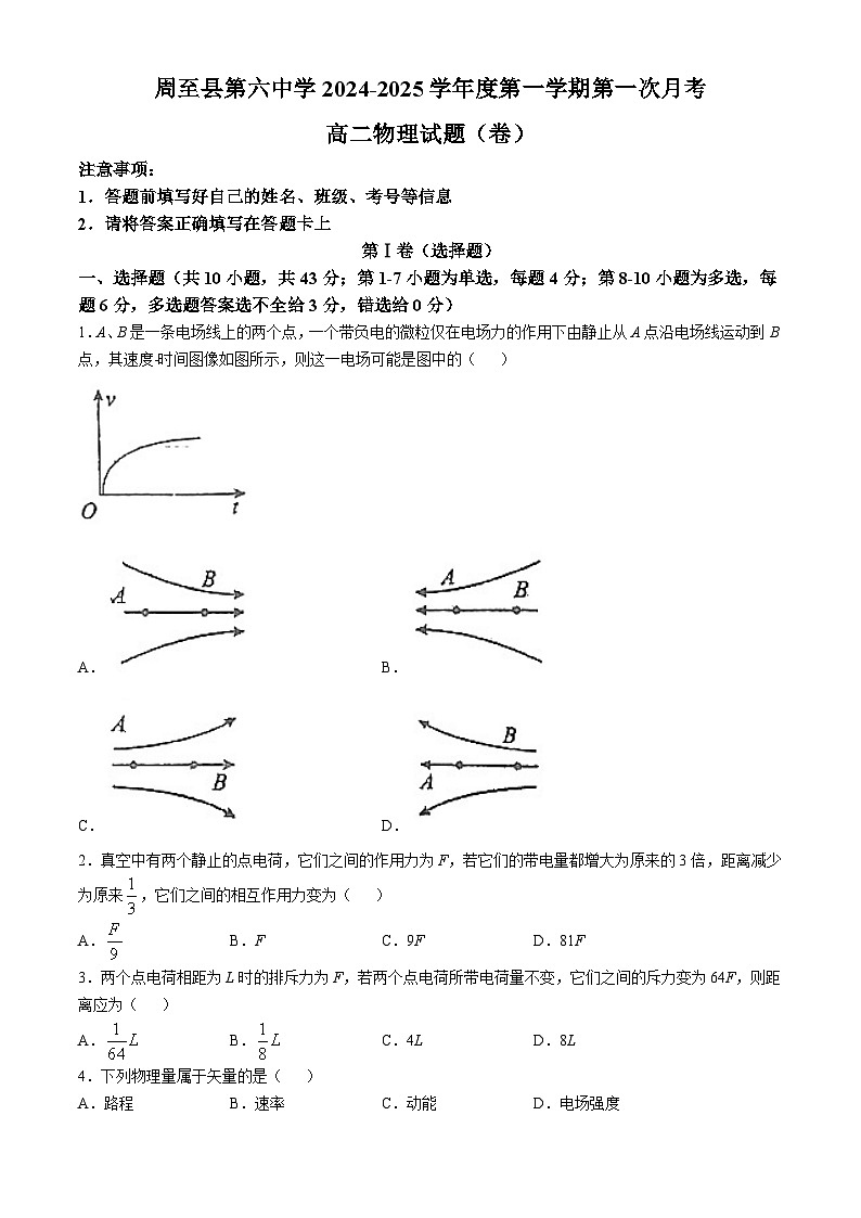 陕西省西安市周至县第六中学2024-2025学年高二上学期10月月考物理试题01