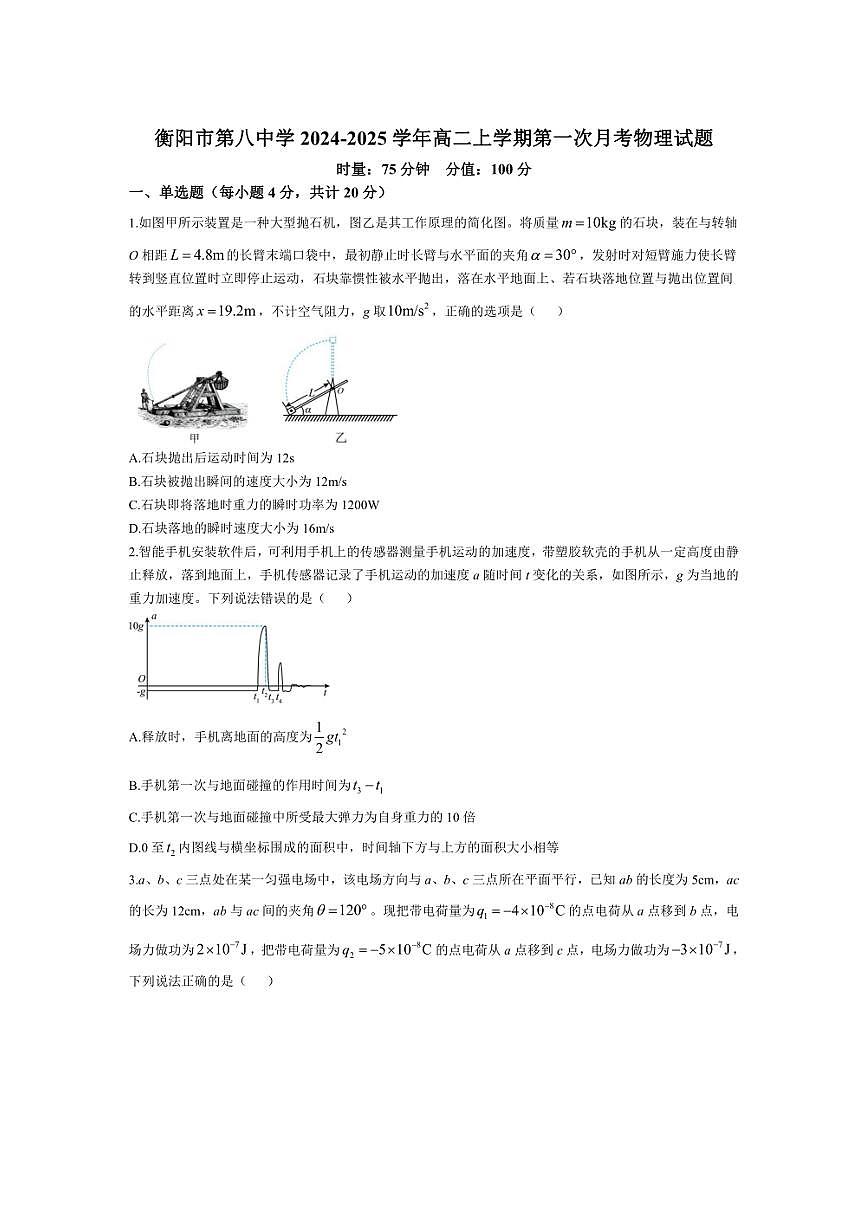 [物理]湖南省衡陽市第八中學2024～2025學年高二上學期第一次月考試題(有答案)第1頁