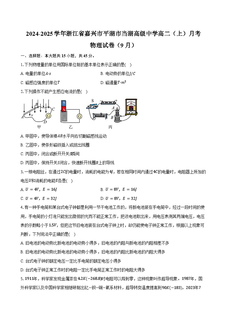 2024-2025学年浙江省嘉兴市平湖市当湖高级中学高二(上)月考物理试卷(9月)(含解析)第1页