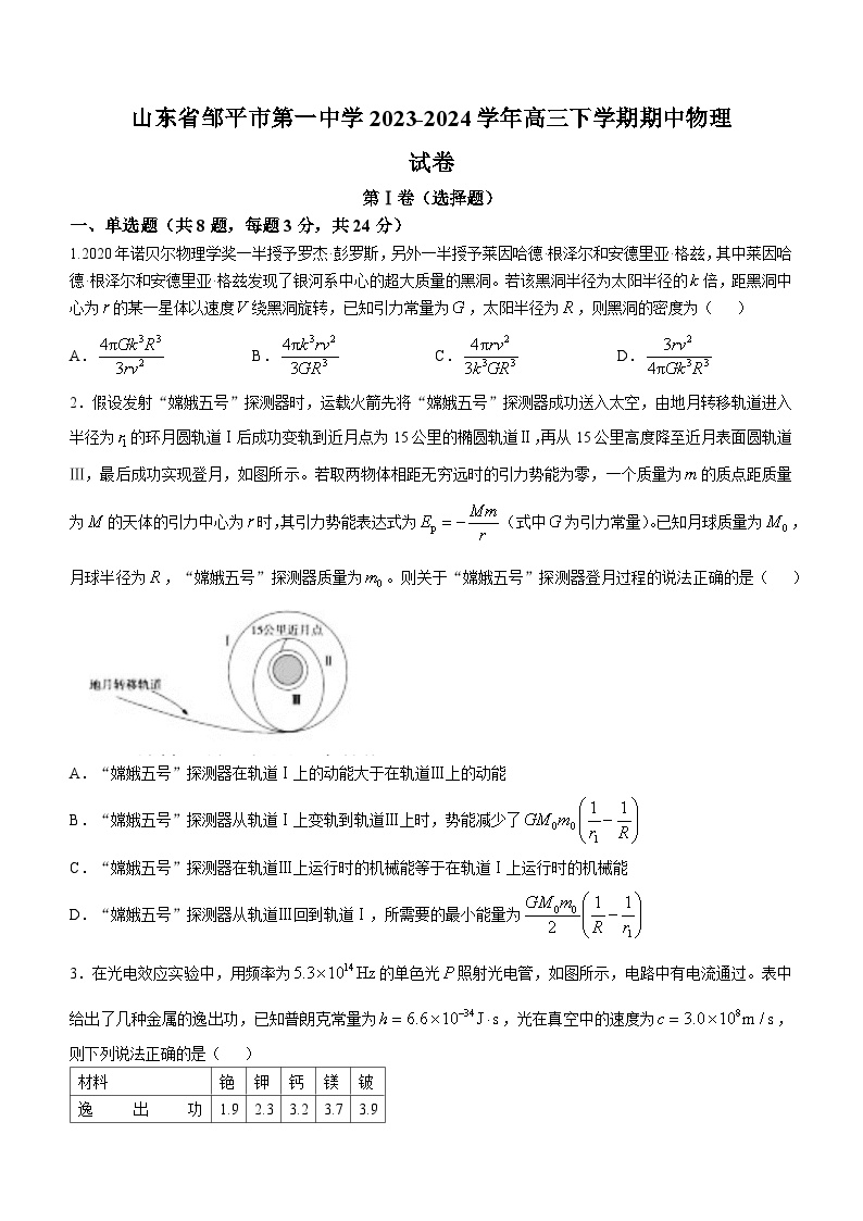 山东省滨州市邹平市第一中学2023-2024学年高三下学期期中物理试卷