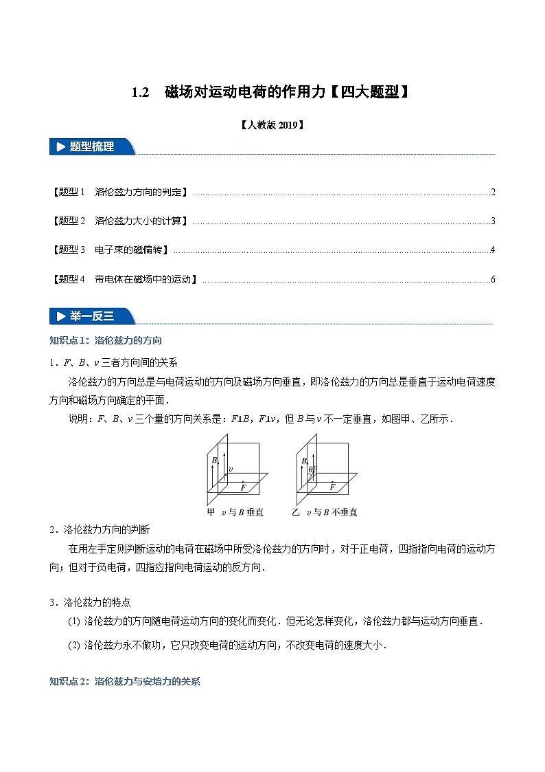 1.2 磁场对运动电荷的作用力(举一反三)(学生版) 2024-2025学年高二物理举一反三系列 练习(人教版2019选择性必修第二册)第1页