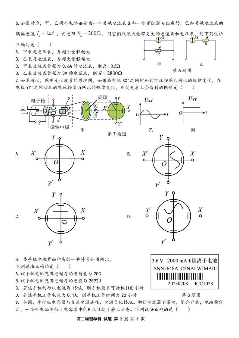 浙江省精诚联盟2024学年高二第一学期10月联考+物理第2页