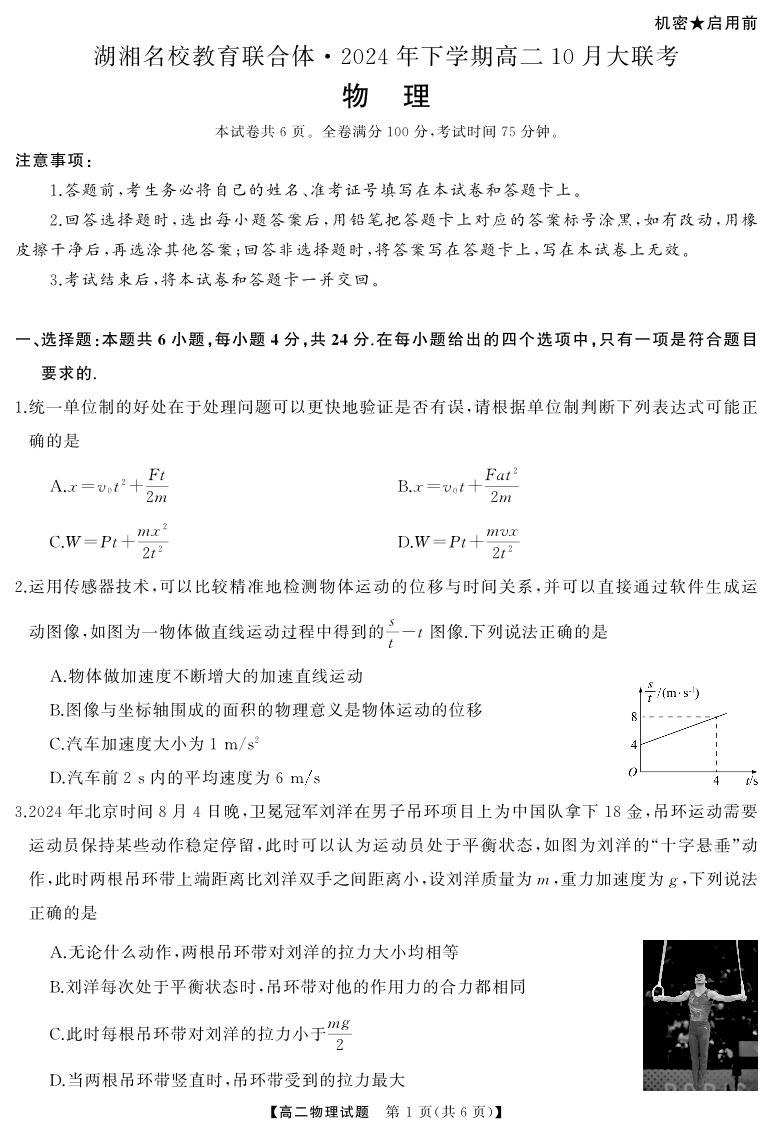 湖湘名校教育联合体2024年下学期高二10月大联考试卷物理（含答案）