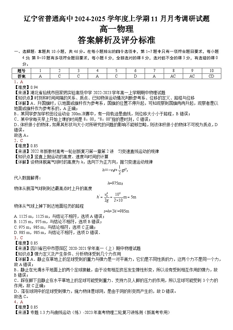 24-25高一11月物理答案解析及评分标准第1页
