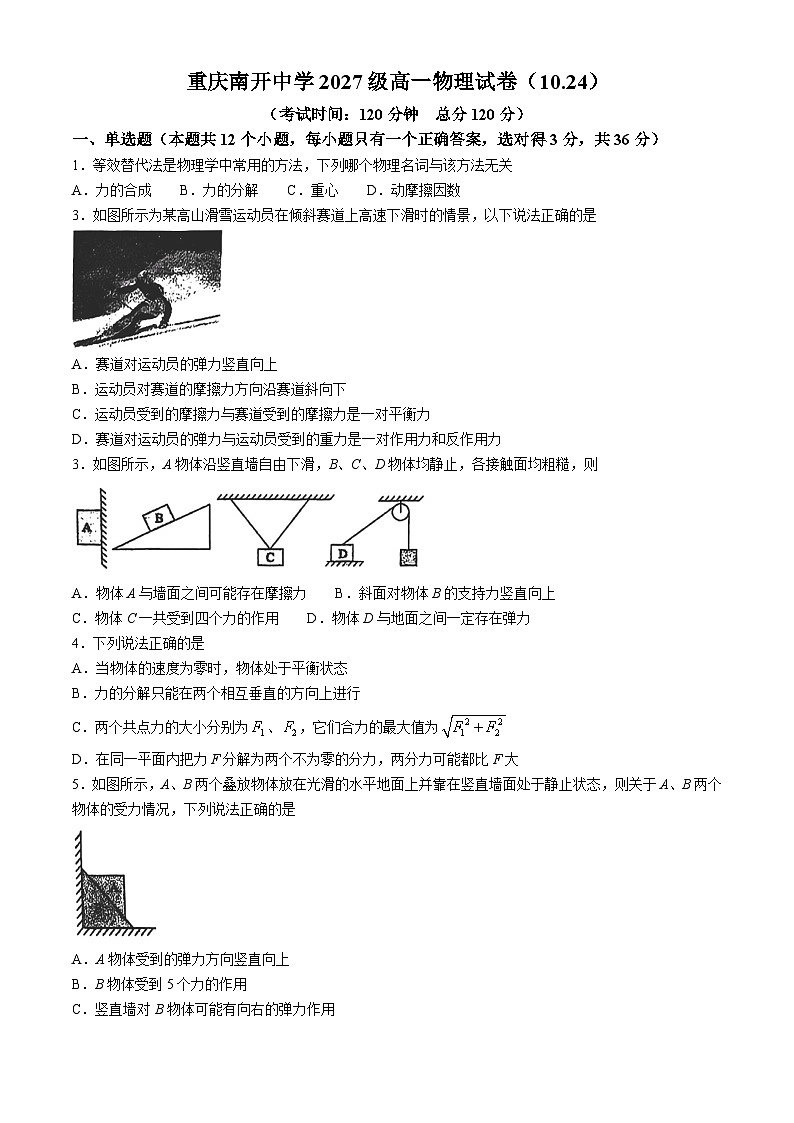 重庆市南开中学2024-2025学年高一上学期10月检测物理试卷(Word版附答案)01