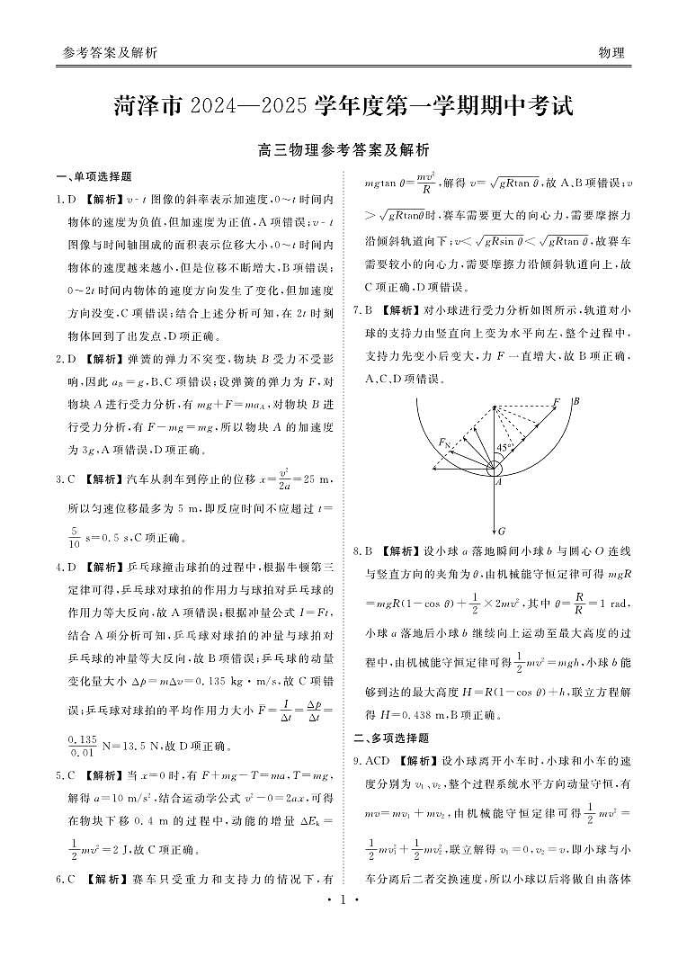 山东省菏泽市2024-2025学年高三上学期期中考试物理试题01