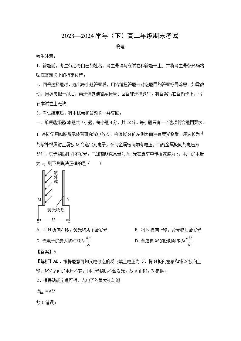 河南省安阳市林州市2023-2024学年高二下学期期末考试物理试卷(解析版)第1页
