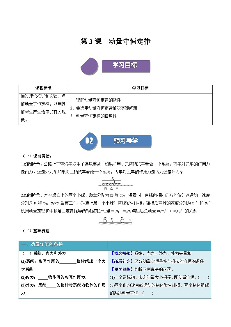 人教版高中物理选择性必修一同步讲义1.3 动量守恒定律(原卷版)第1页