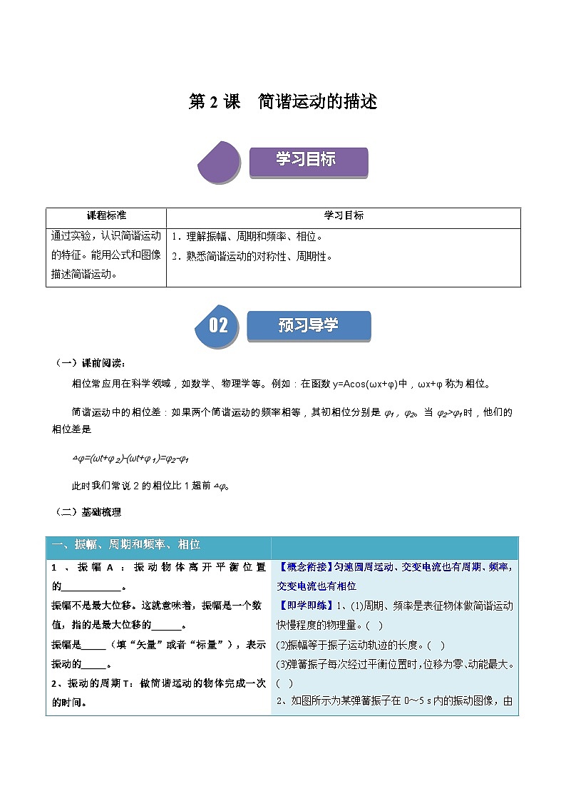 人教版高中物理选择性必修一同步讲义2.2 简谐运动的描述(原卷版)第1页