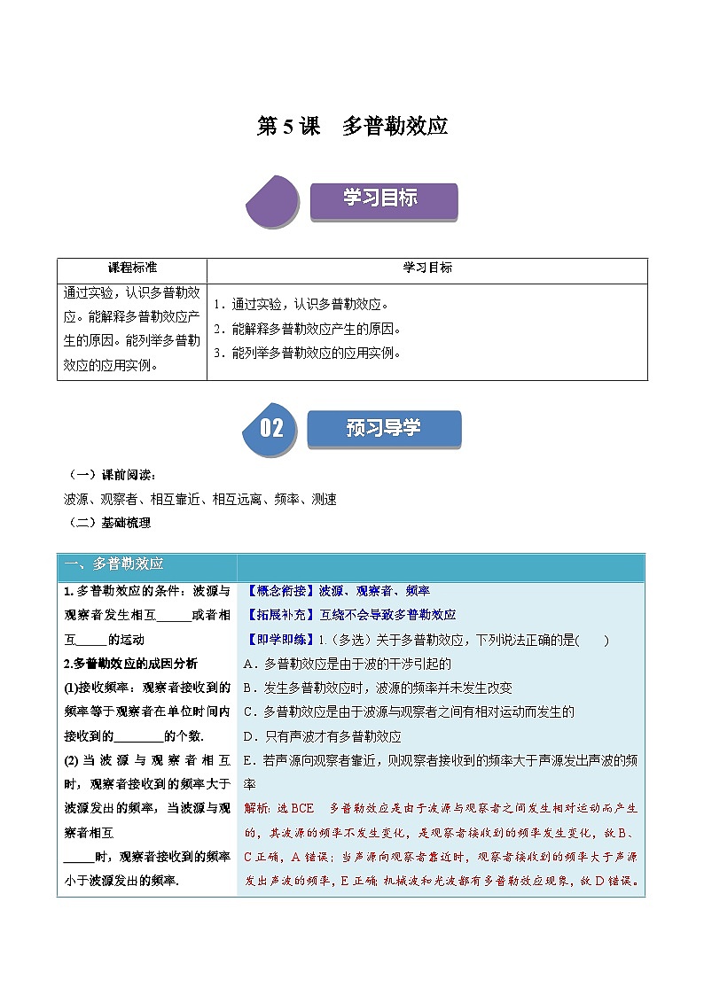 人教版高中物理选择性必修一同步讲义3.5 多普勒效应(解析版)第1页