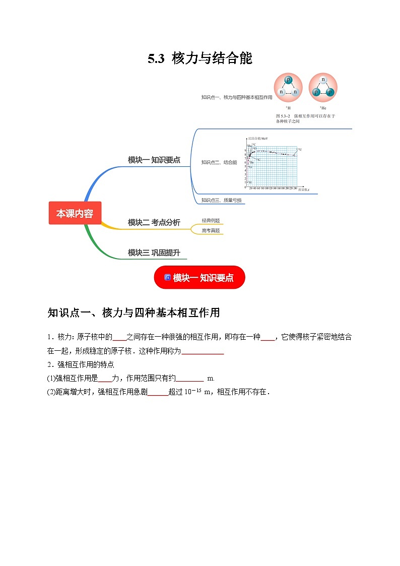 人教版高中物理选择性必修三同步讲义5.3核力与结合能(原卷版)第1页