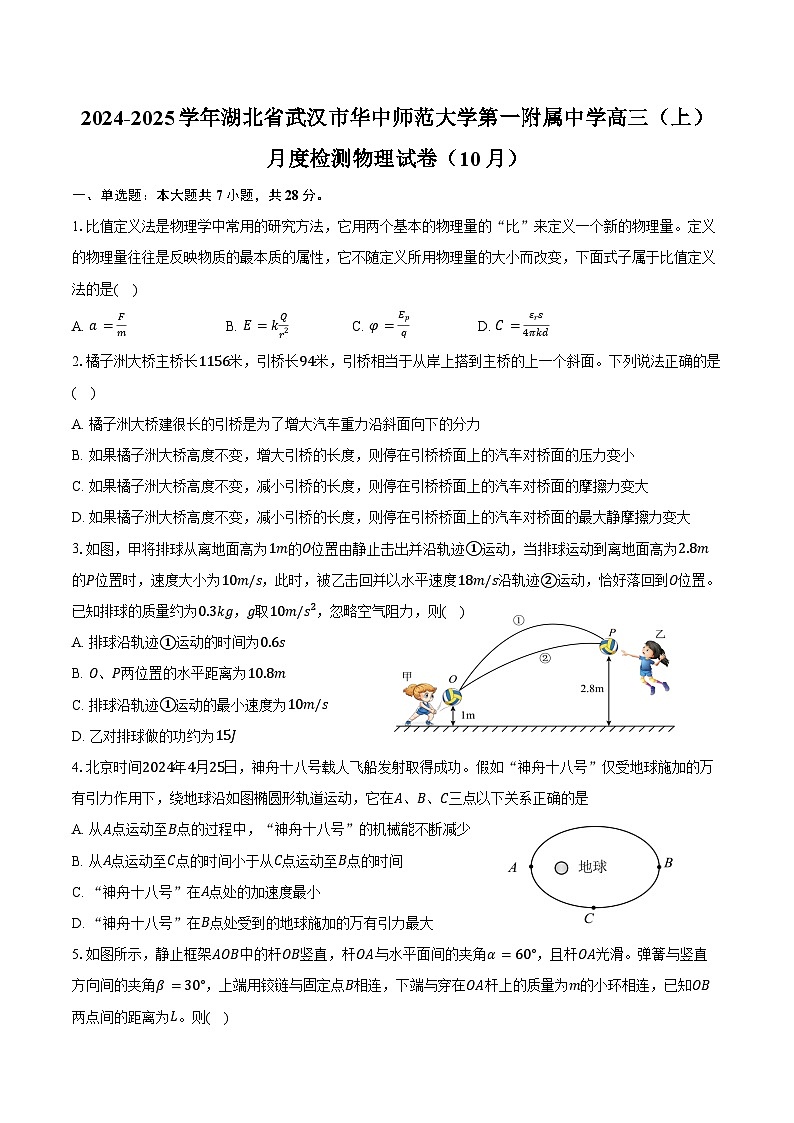 2024-2025学年湖北省武汉市华中师范大学第一附属中学高三(上)月度检测物理试卷(10月)(含答案)第1页