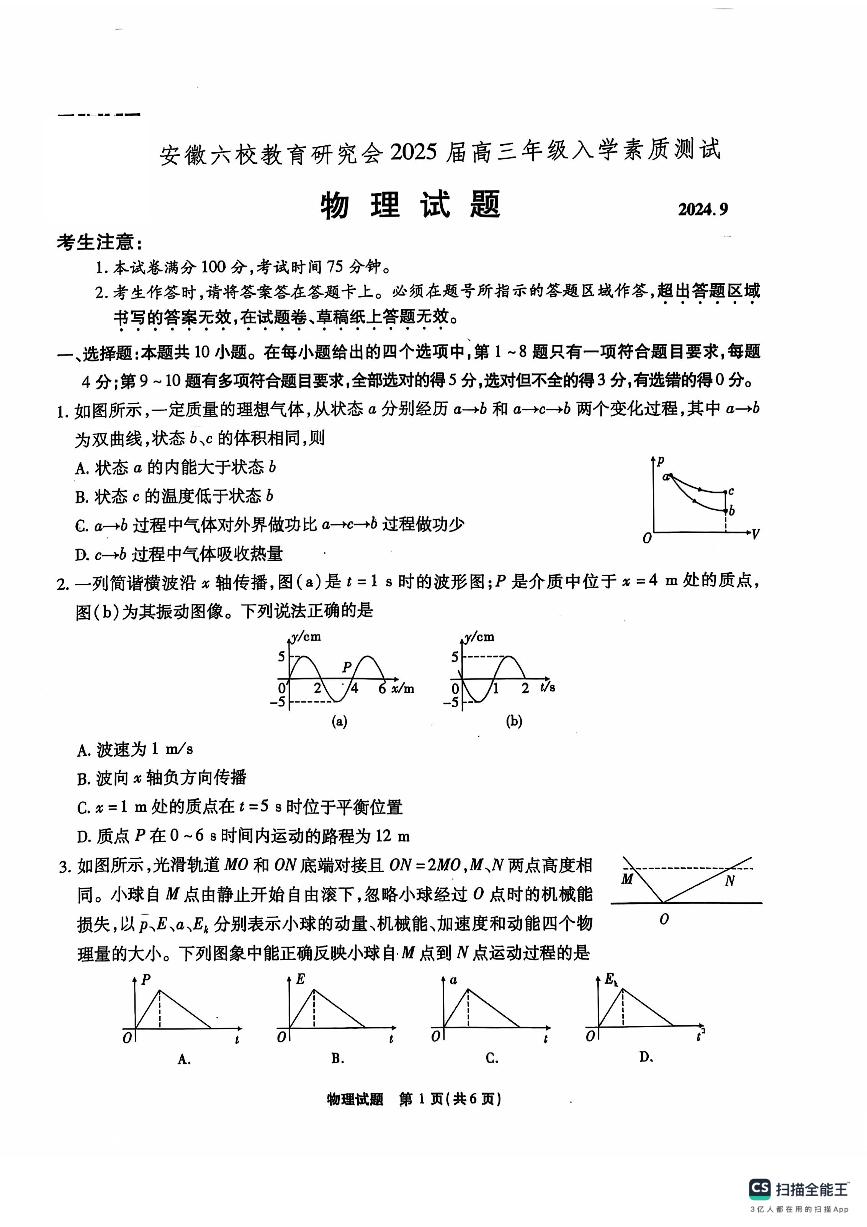 安徽省六校教育研究会2025届高三年级上学期9月入学素质测试+物理