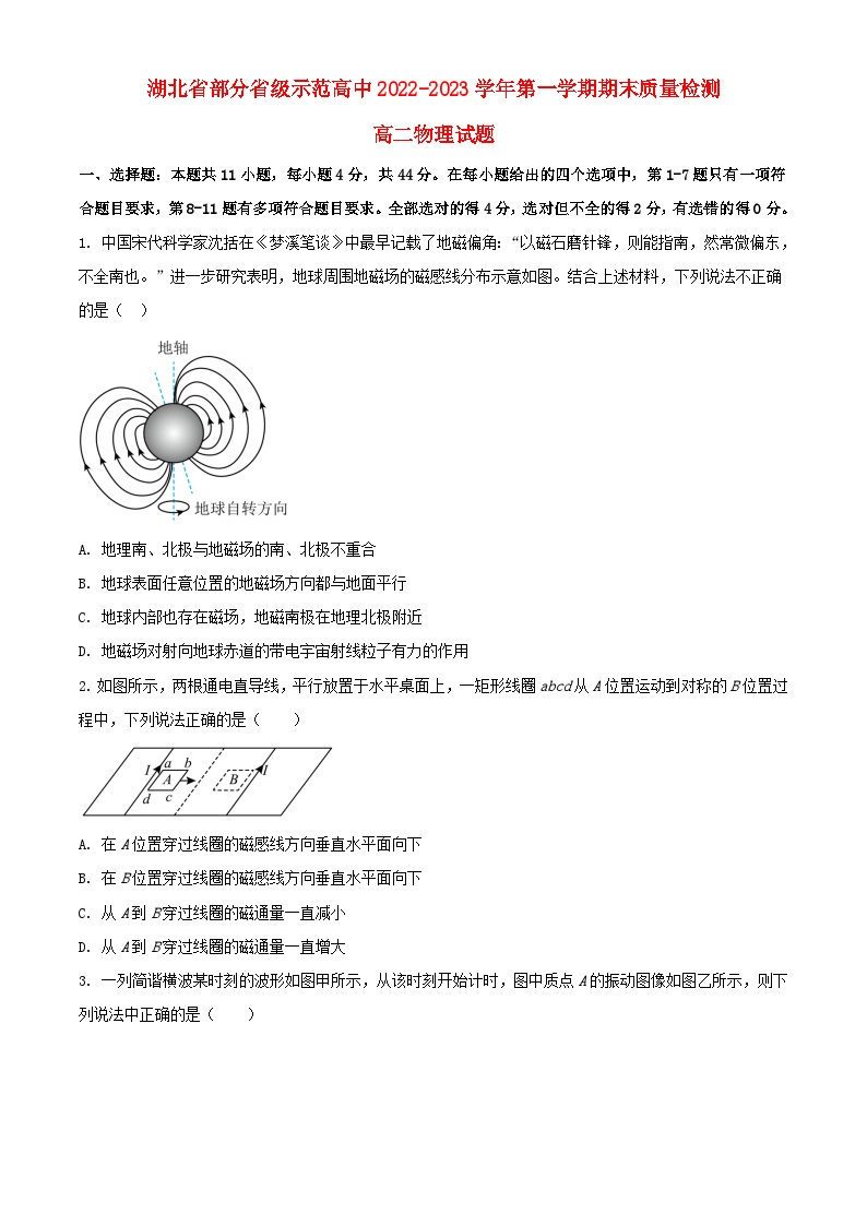 湖北省部分省级示范高中四校联考2022_2023学年高二物理上学期期末测试试题