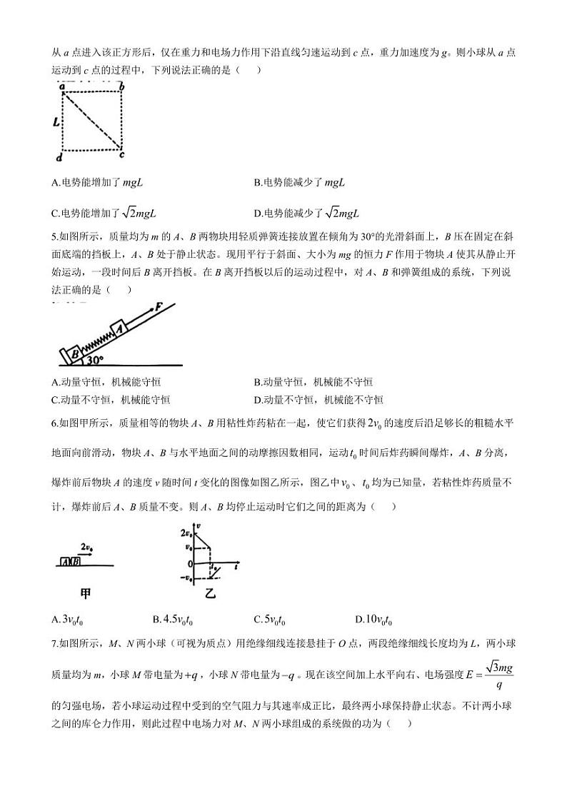云师大附中2025届高三上学期期中物理试题+答案第2页