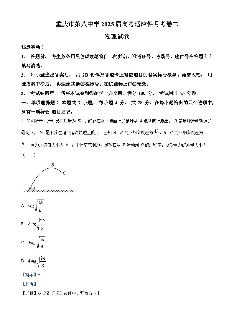 重庆市第八中学校2024-2025学年高三上学期10月月考物理试卷 Word版含解析第1页