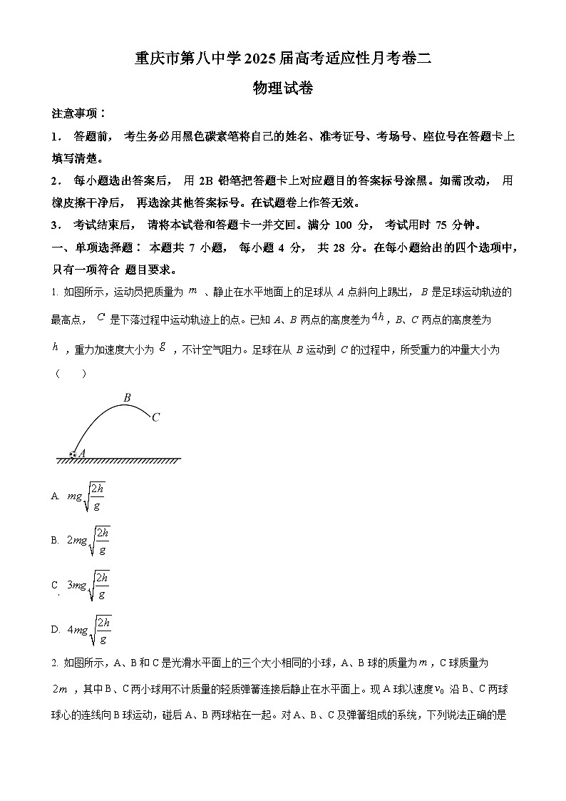 重庆市第八中学校2024-2025学年高三上学期10月月考物理试卷 Word版无答案第1页