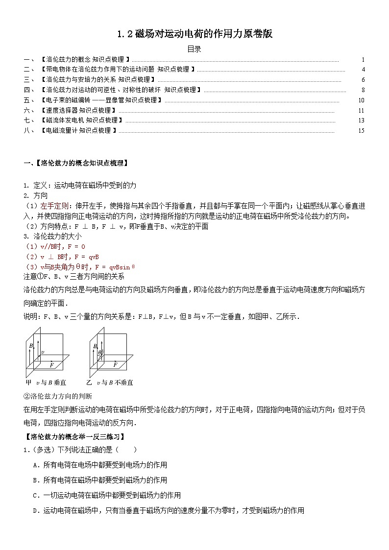 人教版高中物理选择性必修二 同步精讲精练1.2磁场对运动电荷的作用力(2份,原卷版+解析版)01