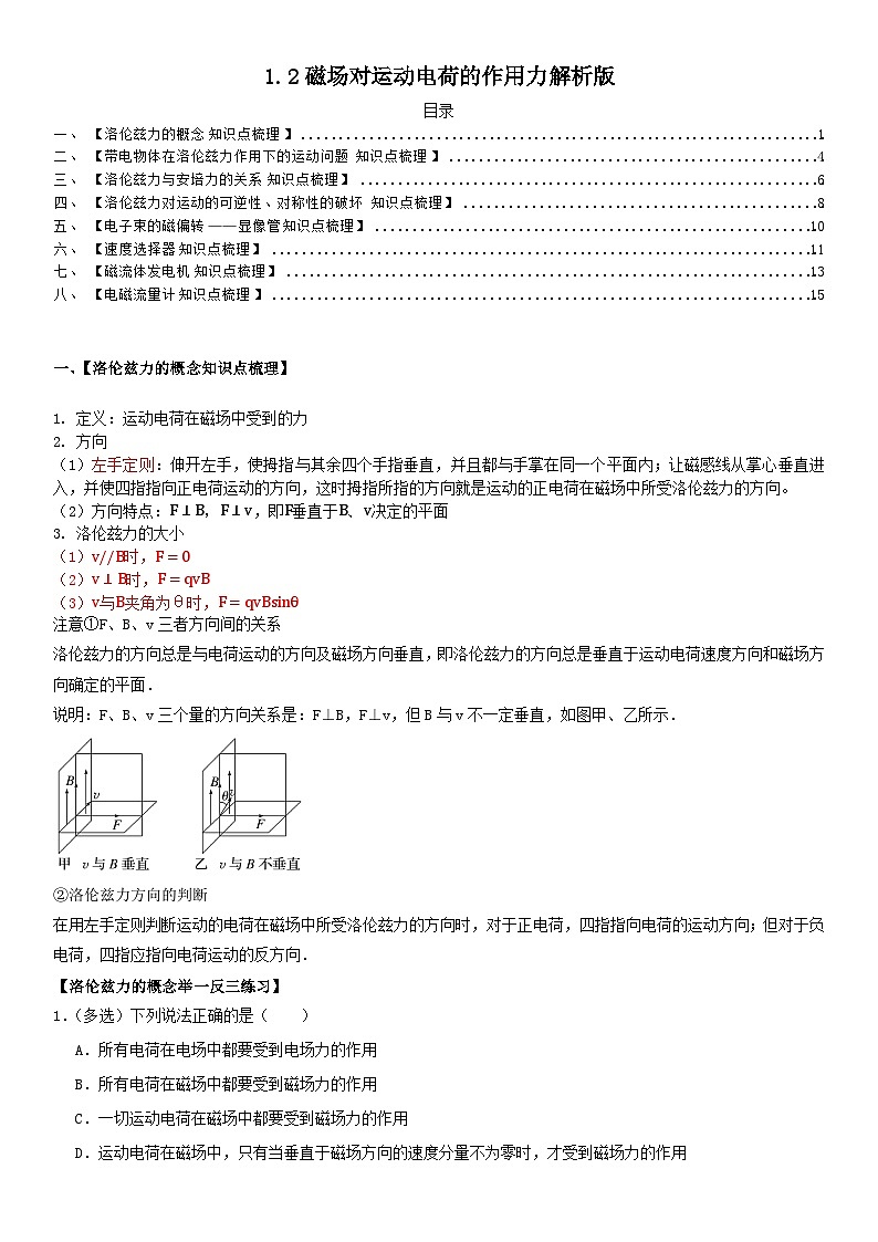 人教版高中物理选择性必修二 同步精讲精练1.2磁场对运动电荷的作用力(2份,原卷版+解析版)01