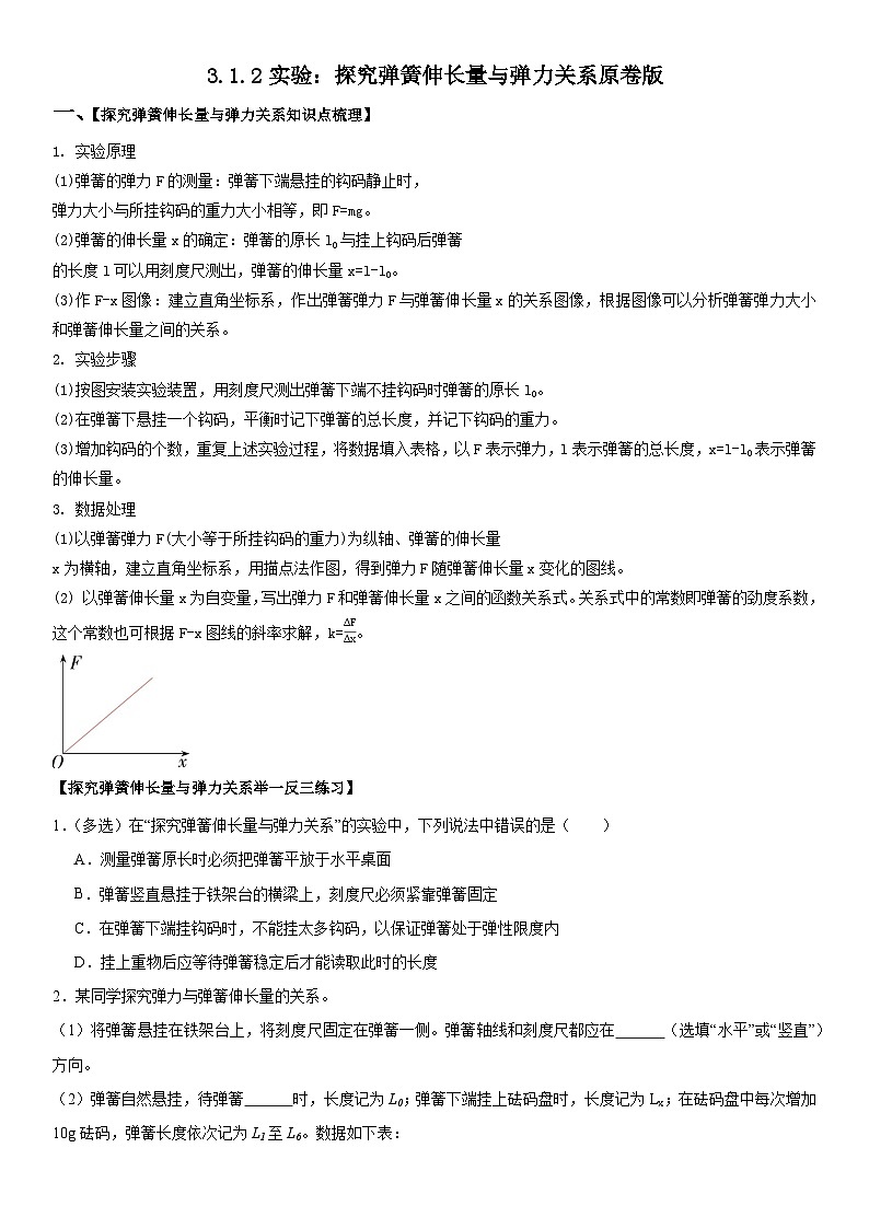 人教版高中物理必修一 同步精讲精练3.1.2实验:探究弹簧伸长量与弹力关系(学生版)第1页
