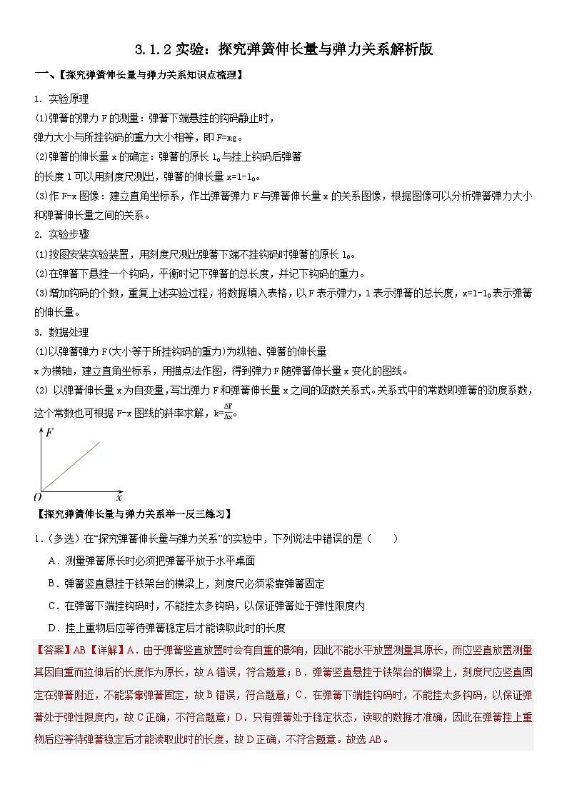 人教版高中物理必修一 同步精讲精练3.1.2实验:探究弹簧伸长量与弹力关系(教师版)第1页