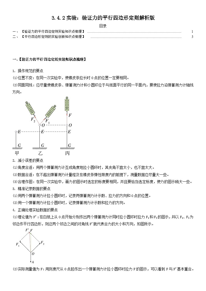 人教版高中物理必修一 同步精讲精练3.4.2实验:验证力的平行四边形定则(教师版)第1页