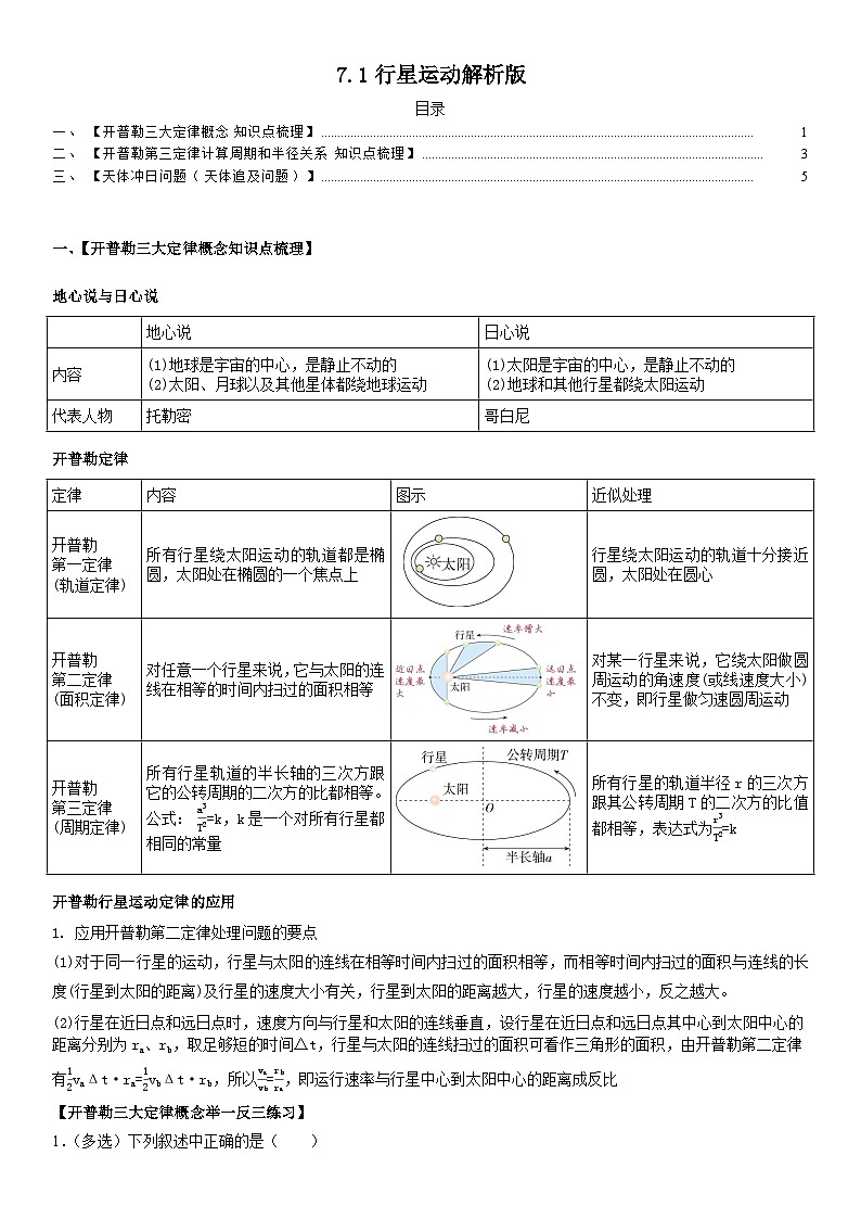 人教版高中物理必修二 同步精讲精练7.1行星运动(2份,原卷版+解析版)01