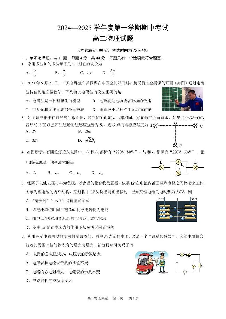 江苏省连云港市东海县第二中学2024-2025学年高二上学期期中考试物理试卷第1页