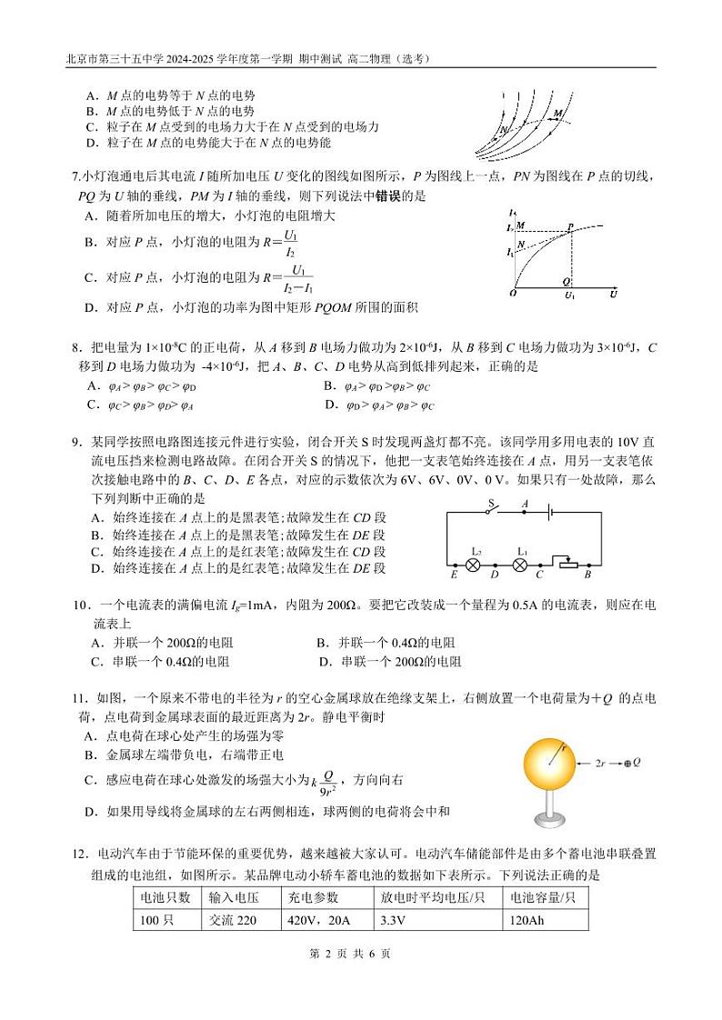 2024北京三十五中高二上学期期中真题物理(选考)试卷第2页