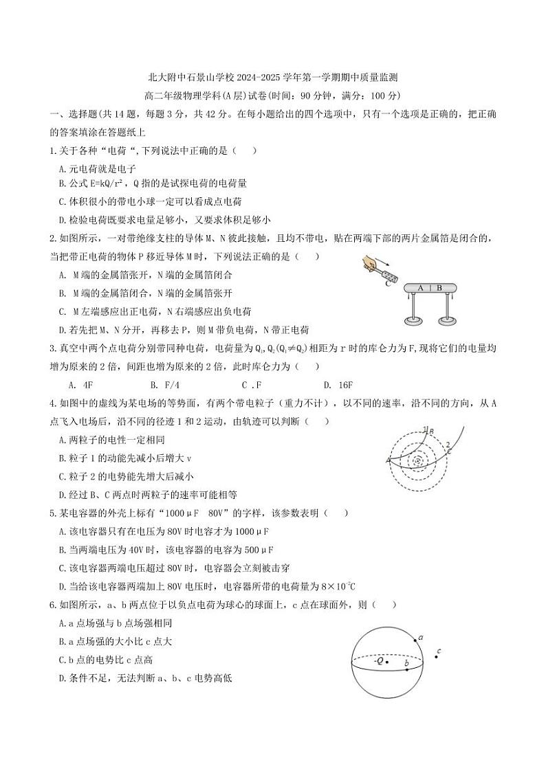 2024北京北大附中石景山学校高二上学期期中真题物理试卷第1页