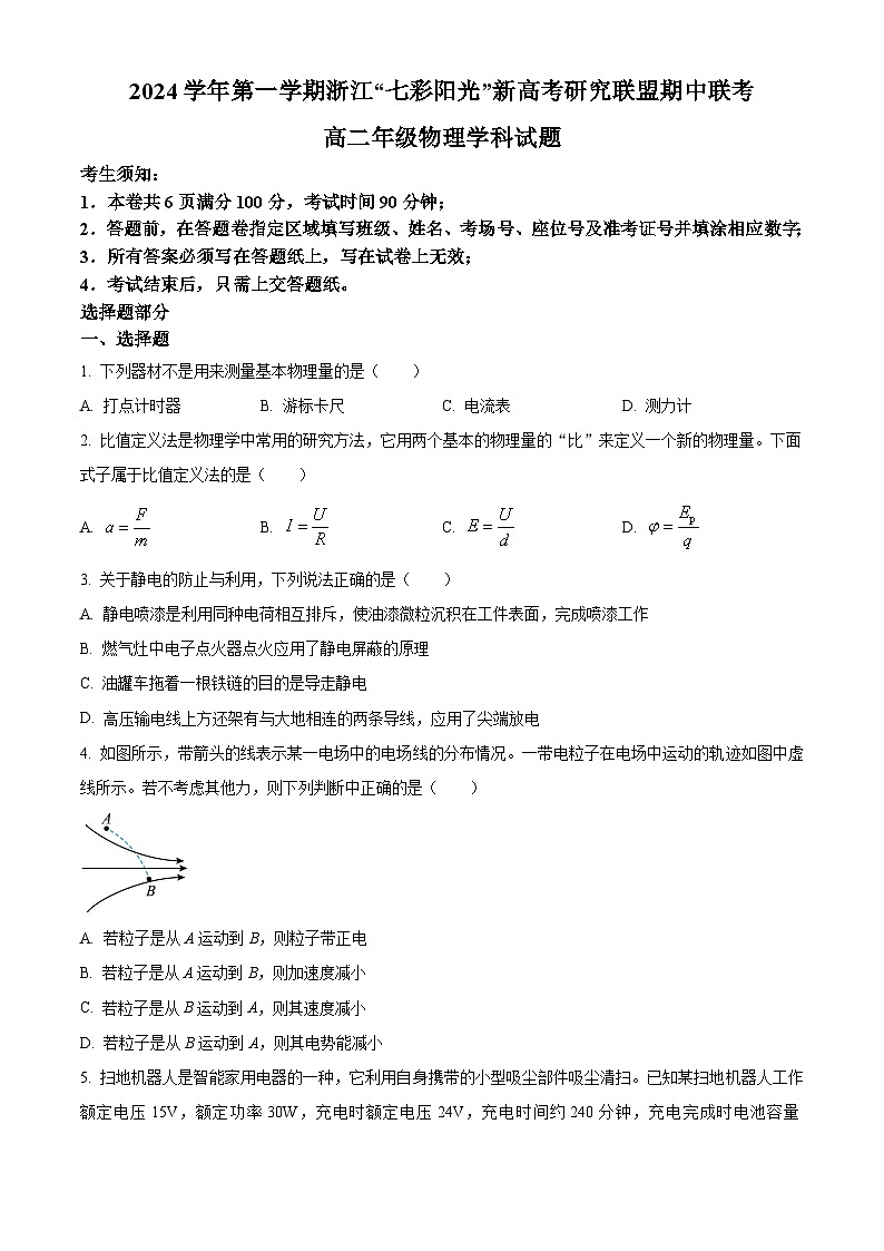 浙江省七彩阳光新高考研究联盟2024-2025学年高二上学期11月期中物理试题 Word版无答案第1页