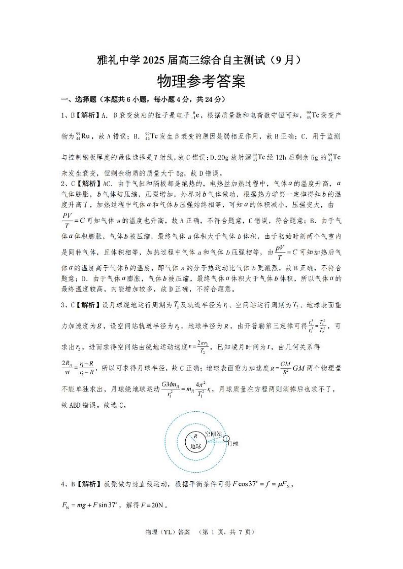 湖南省雅礼中学2025届高三综合自主测试(9月)+物理答案第1页