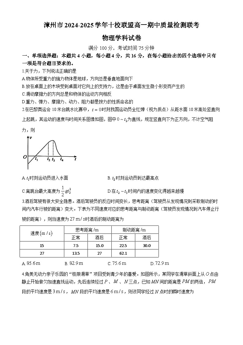 福建省漳州市十校联盟2024-2025学年高一上学期11月期中考试物理试卷(Word版附解析)第1页