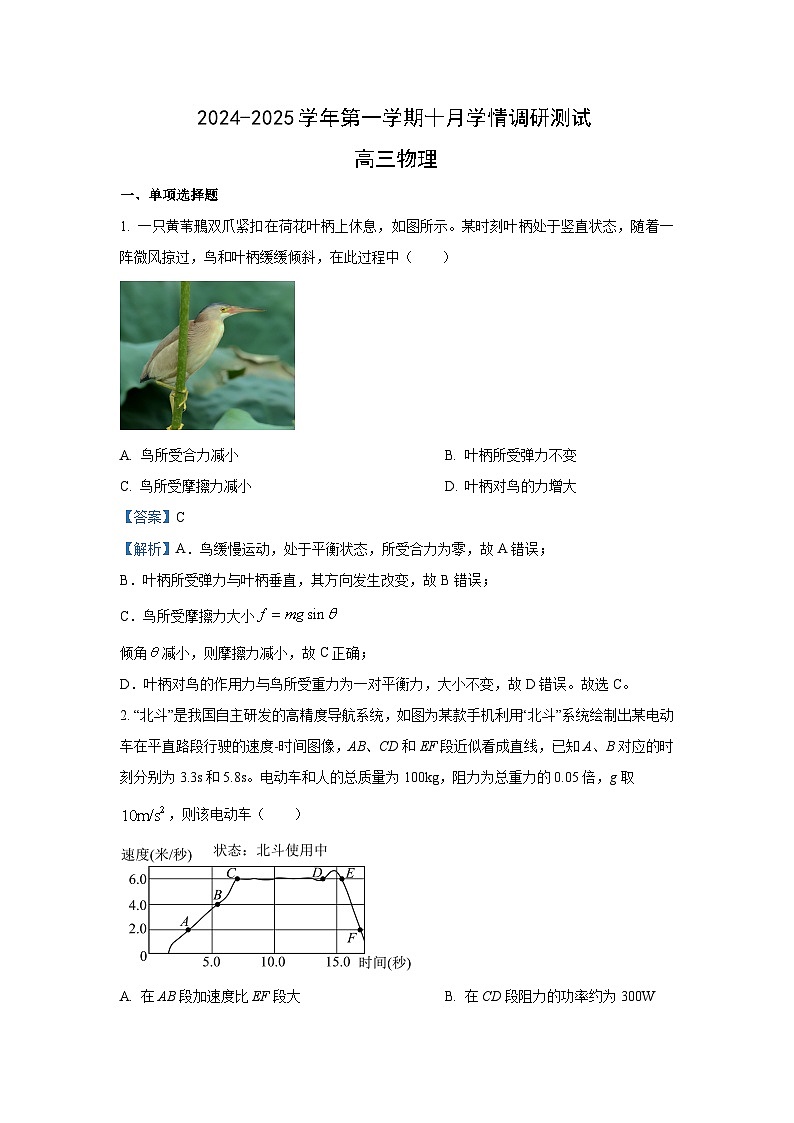 江苏省南京市2024-2025学年高三上学期10月联考学情调研测试物理试卷(解析版)第1页