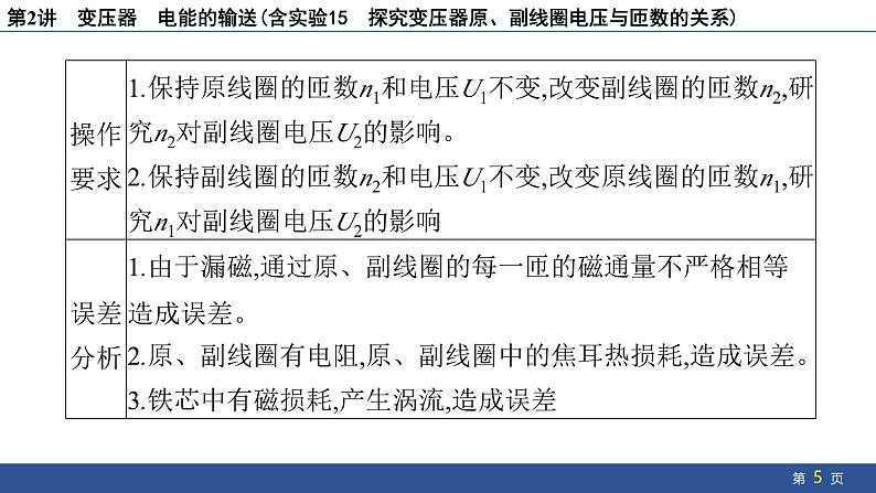 2025年新高考物理二轮复习 变压器 电能的输送(含实验15 探究变压器原、副线圈电压与匝数的关系)(课件)第5页