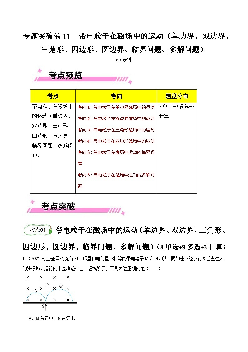 专题突破卷11 带电粒子在磁场中的运动(单边界、双边界、三角形、四边形、圆边界、临界问题、多解问题)(解析版)第1页