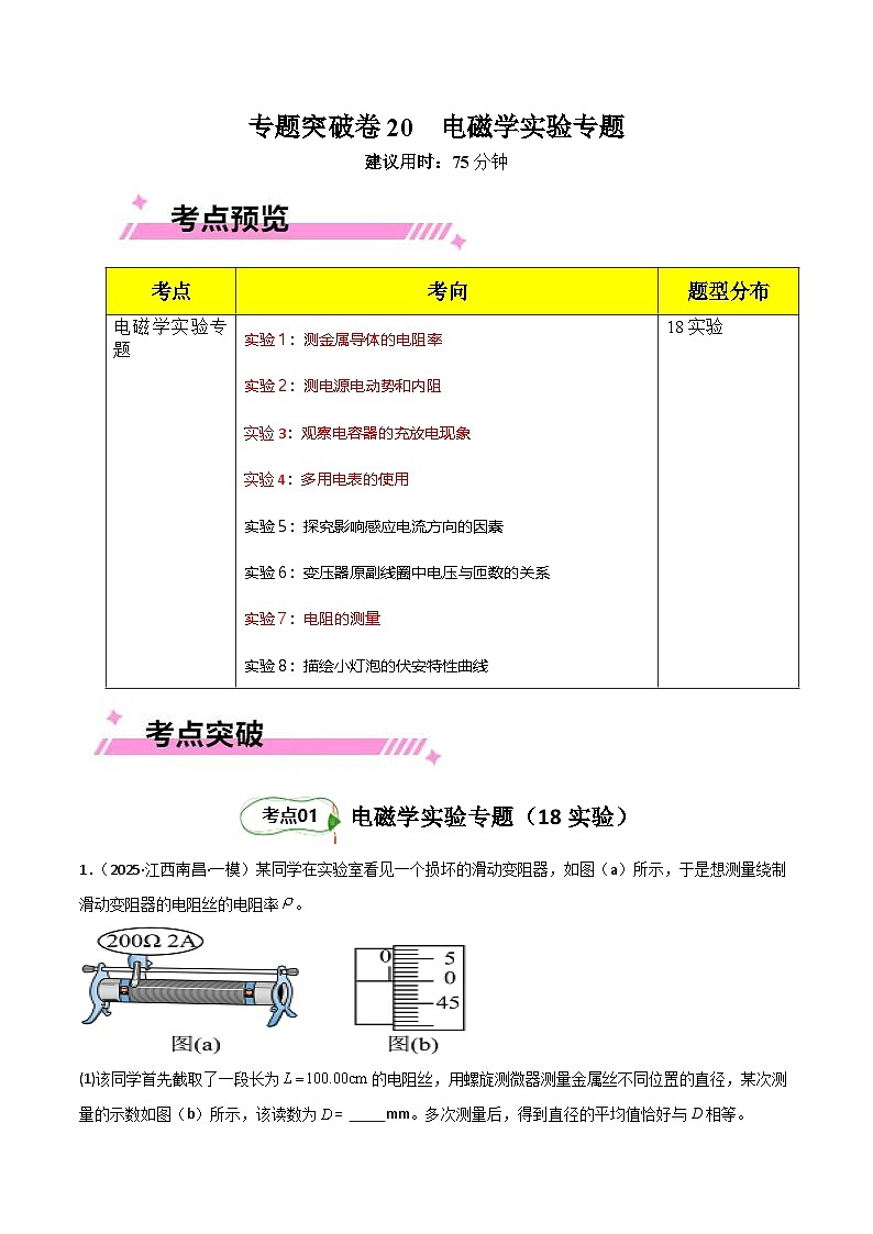 专题突破卷20 电磁学实验专题(原卷版)第1页