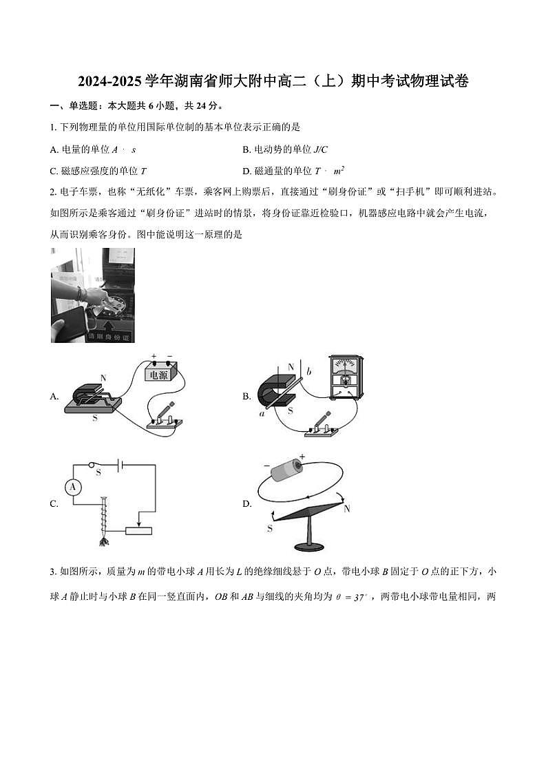 湖南省长沙市师大附中2024~2025学年高二(上)期中物理试卷(含答案)第1页
