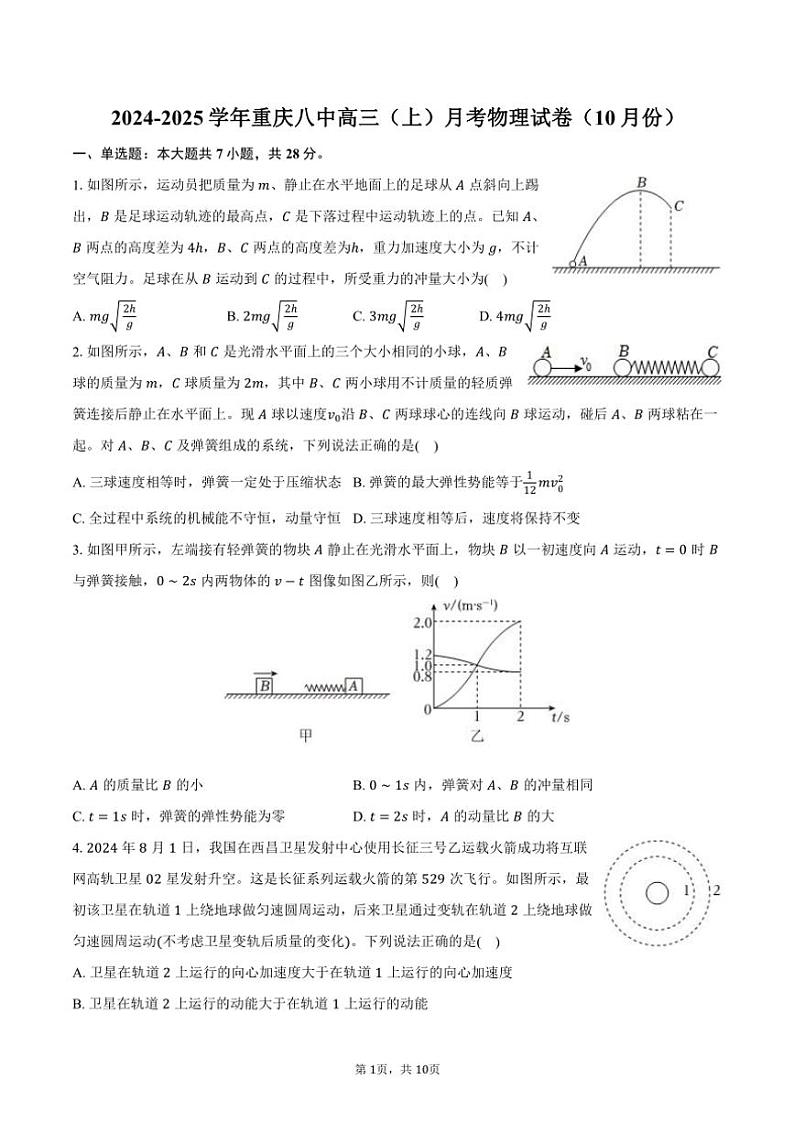 2024~2025学年重庆八中高三(上)月考物理试卷(10月份)(含答案)第1页